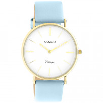 OOZOO C20225 Horloge Vintage staal-leder goudkleurig-lichtblauw 40 mm 1